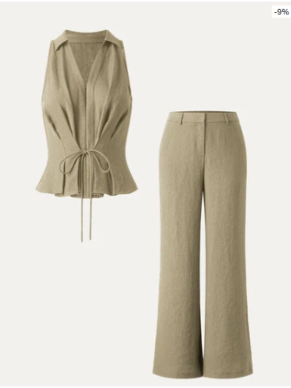 OGL 2Pcs Set Collared V-neck Sleeveless Top & Mid Rise Flared Pant with Pockets